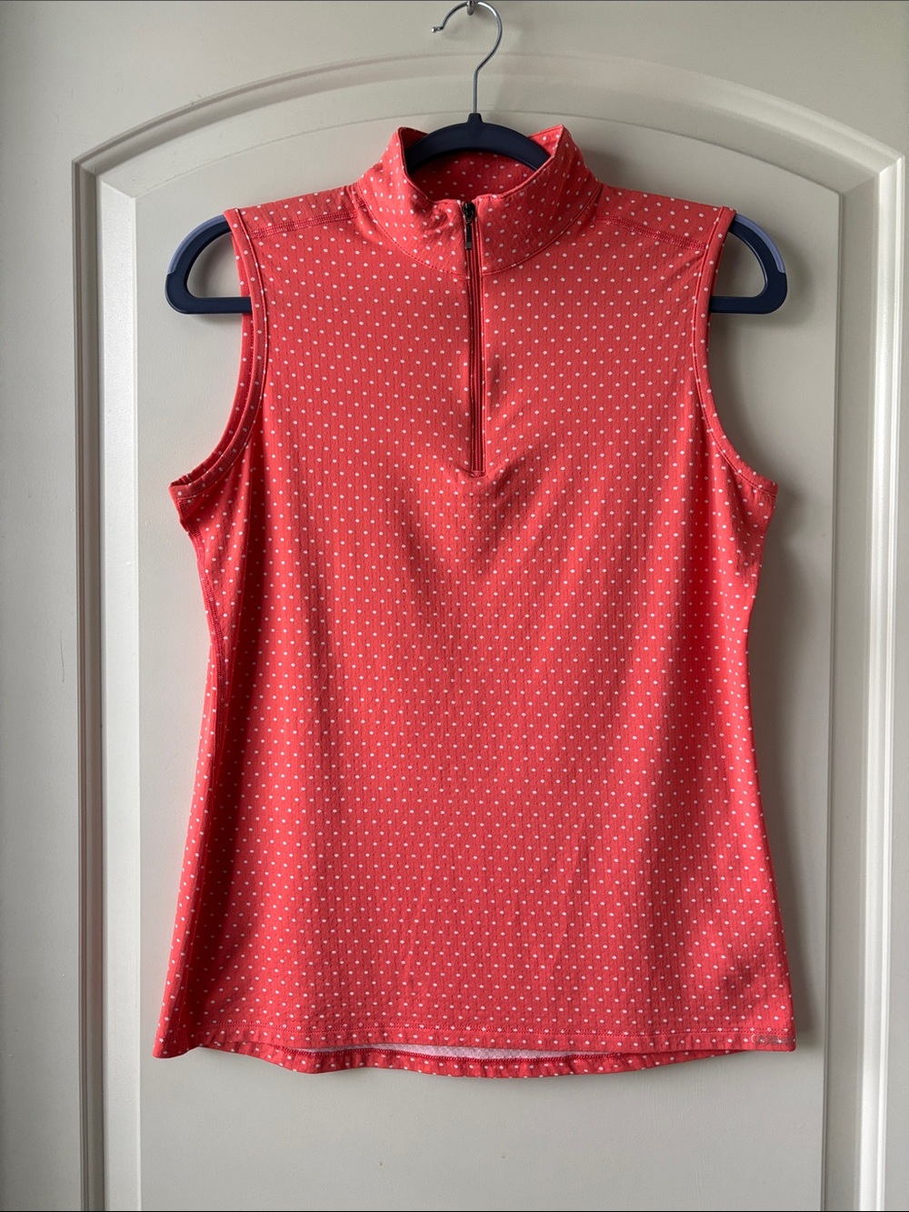 Dover Saddlery Coolblast 100 Ladies’ Sleeveless Quarter Zip Top- Coral Polka Dot